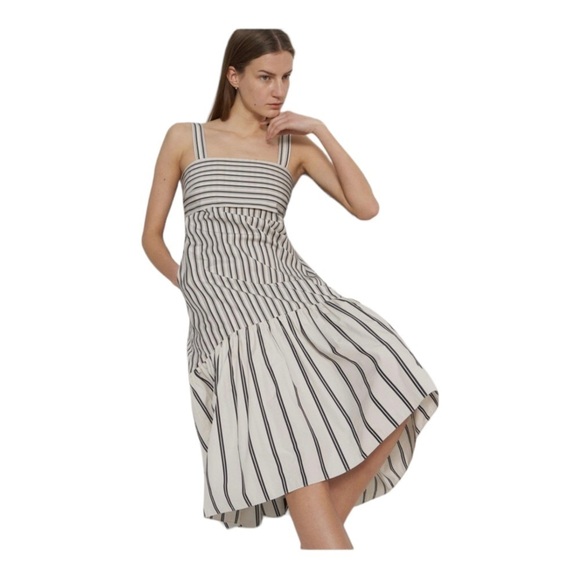 THEORY Ventura Stripe Tie Back Open Back Cotton Midi Dress Large Gray White NWT - Picture 10 of 16